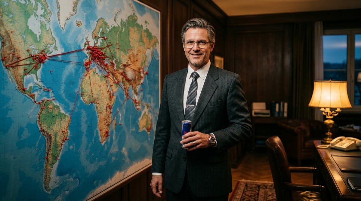 Homme d'affaires avec canette de boisson énergisante devant carte mondiale