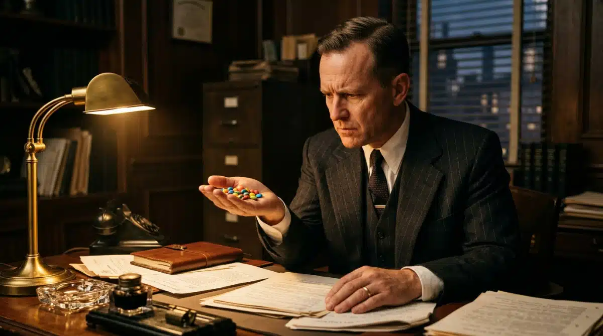 Homme d'affaires des années 1940 examinant des bonbons chocolatés