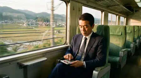 Homme d'affaires japonais jouant avec sa calculatrice dans un train