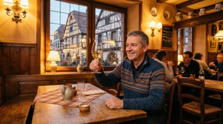 Homme dégustant un verre de vin blanc en Alsace