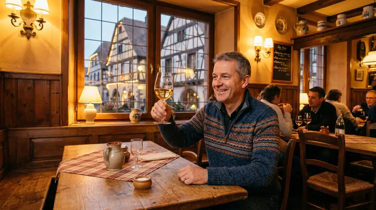 Homme dégustant un verre de vin blanc en Alsace