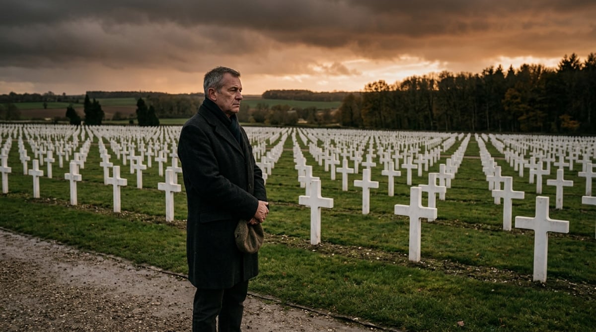 Homme devant un cimetière militaire aux milliers de croix