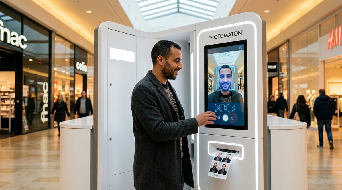 Homme devant une borne Photomaton numérique moderne en 2026