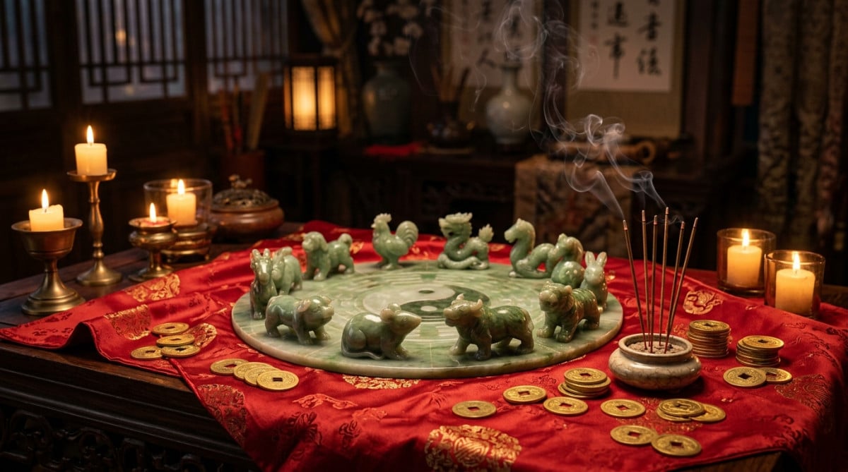 Homme émerveillé tenant une lanterne rouge dans un jardin mystique aux couleurs chaudes de l'astrologie chinoise