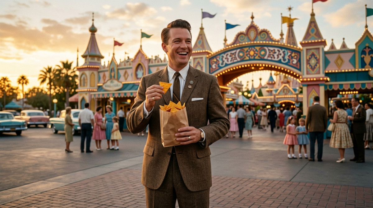 Homme en costume années 60 devant Disneyland avec des tortillas