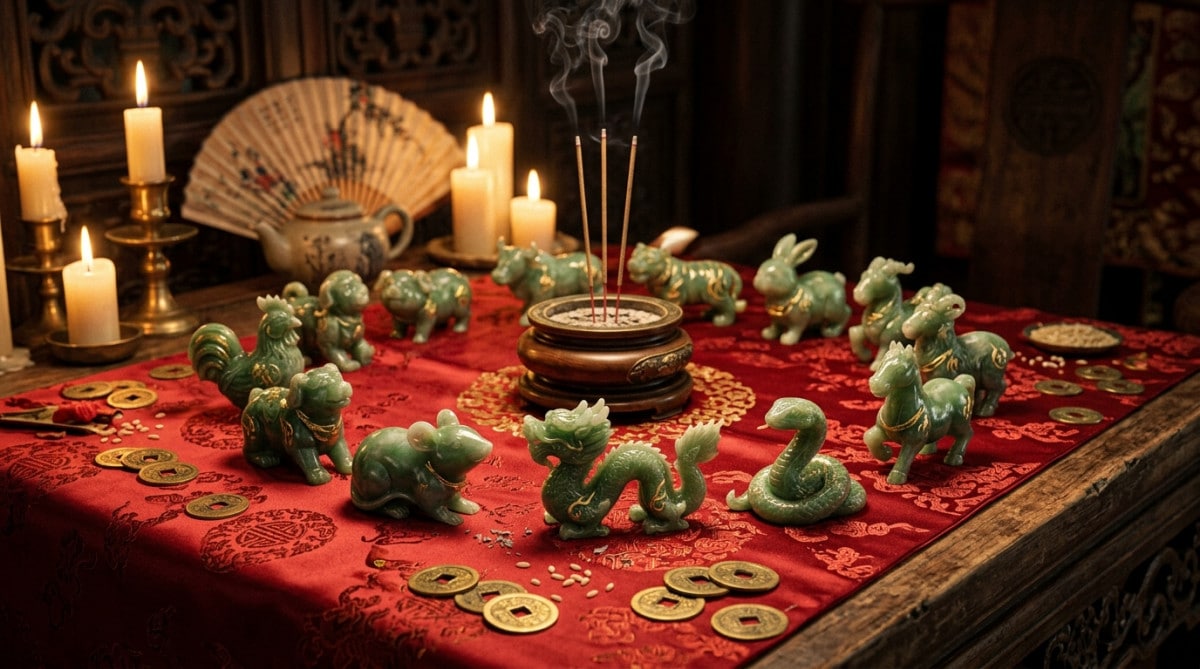 Homme entouré des 12 animaux du zodiaque chinois dans un temple baigné de lumière dorée