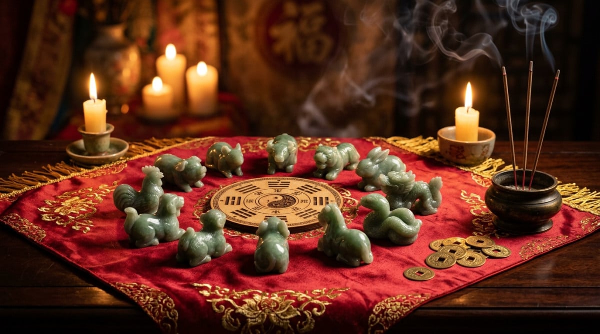 Homme entouré des cinq éléments de l'astrologie chinoise dans une lumière chaleureuse pour l'horoscope du jour