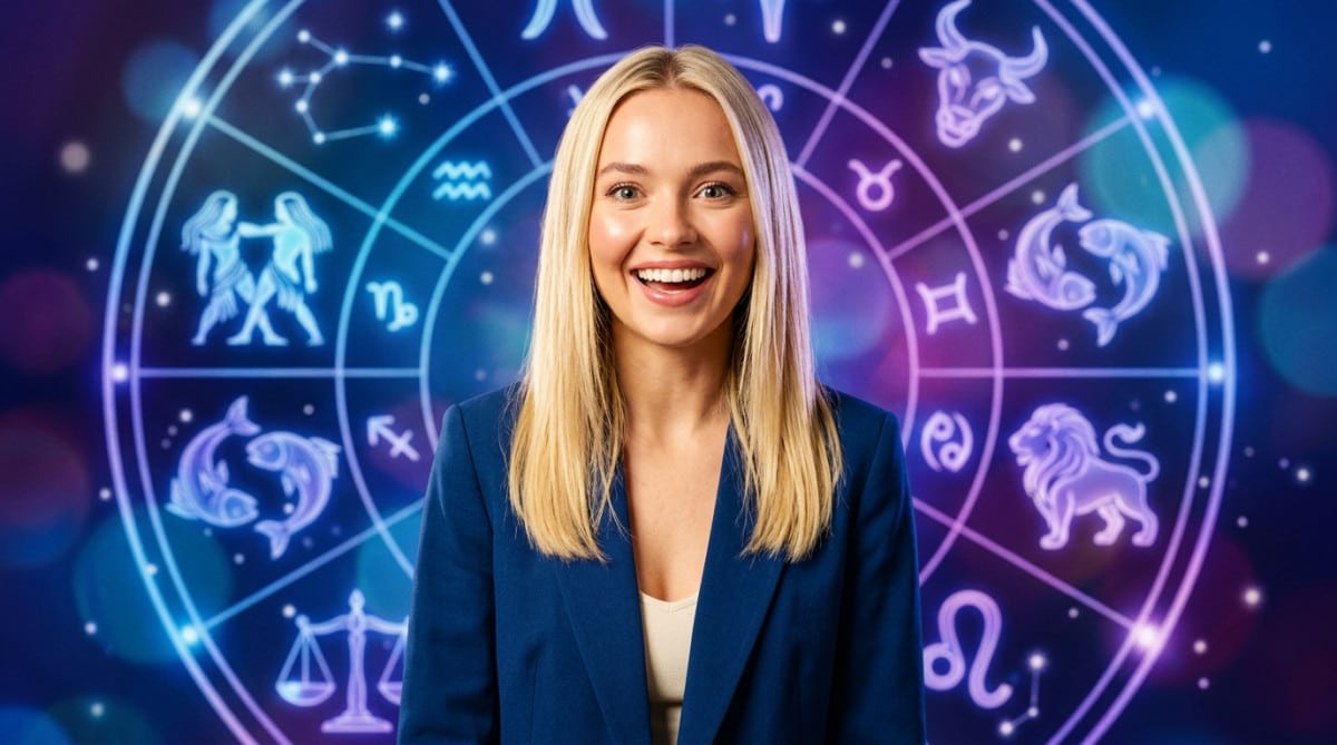 Homme levant les yeux vers un ciel étoilé lumineux aux teintes dorées et orangées, expression d'émerveillement pour l'horoscope du jour