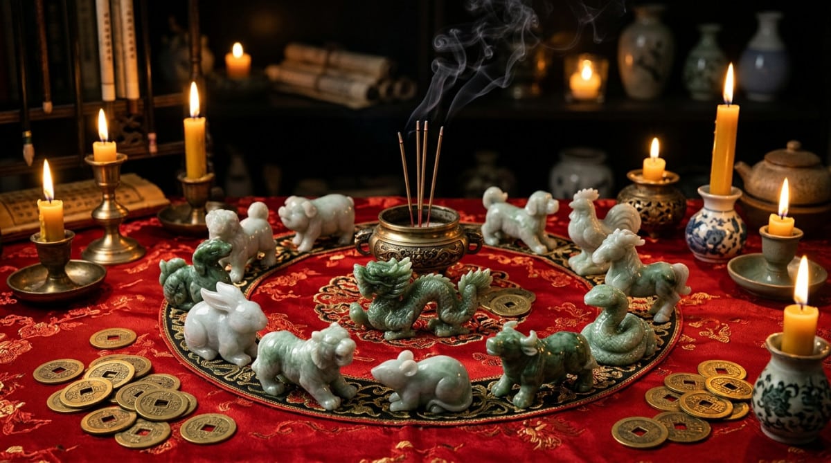Homme recevant une énergie dorée sous une cascade lumineuse entouré de symboles astrologiques chinois