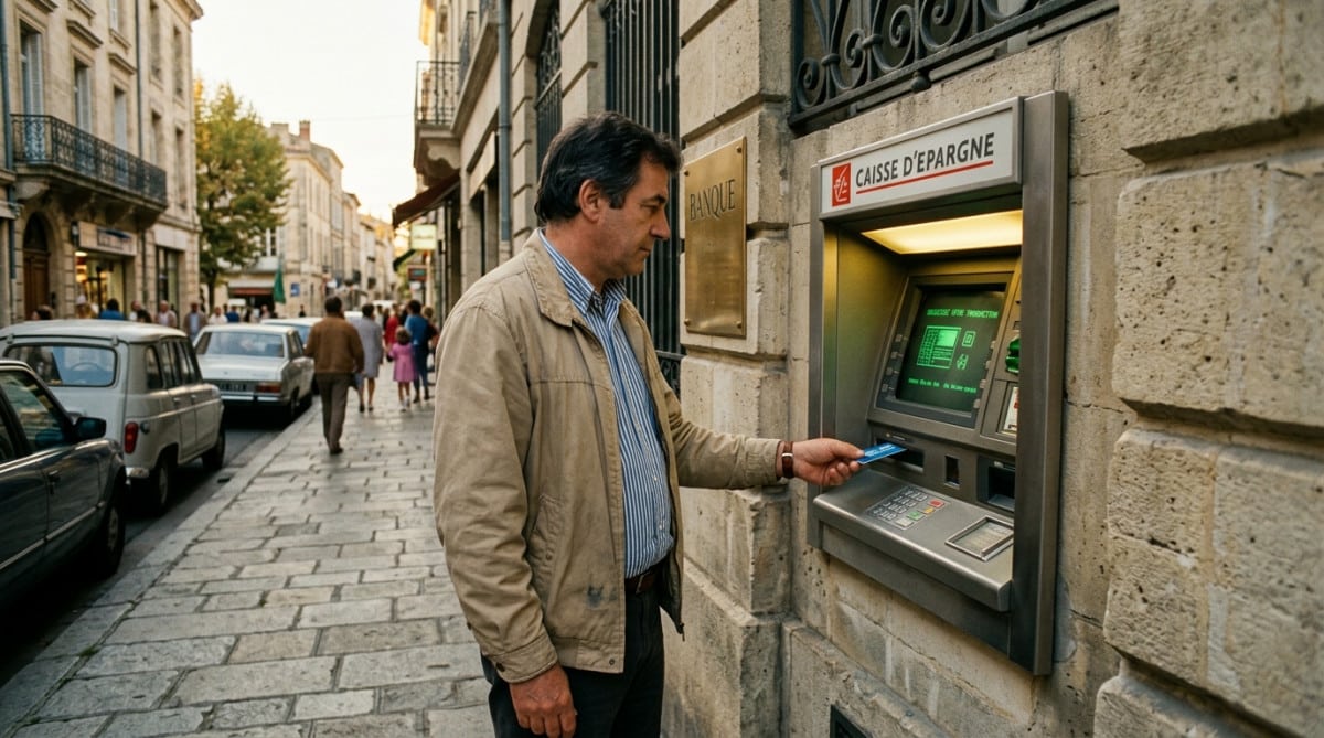 Homme retirant de l'argent à un distributeur automatique des années 80