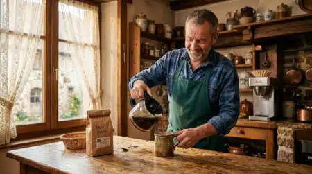 Homme servant du café filtre dans une cuisine alsacienne