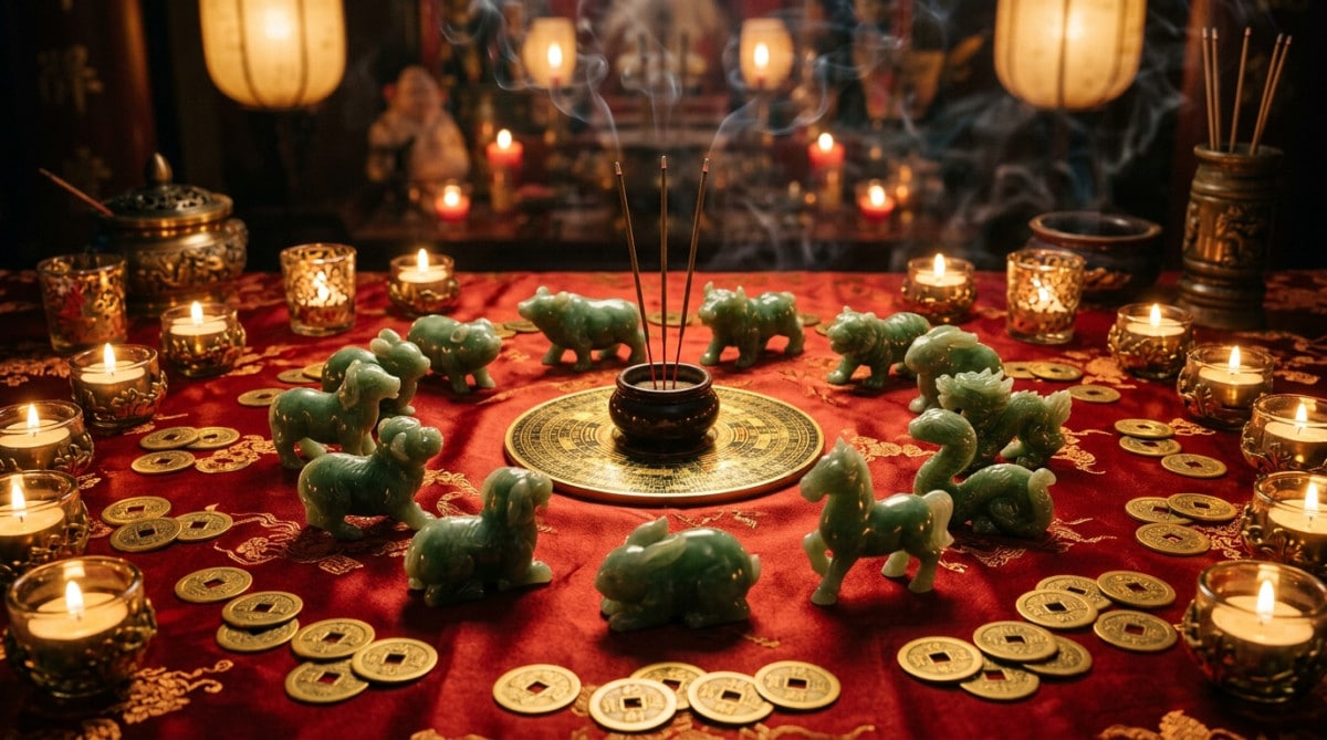 Homme souriant devant une roue du zodiaque chinois lumineuse aux teintes chaudes pour l'horoscope du jour