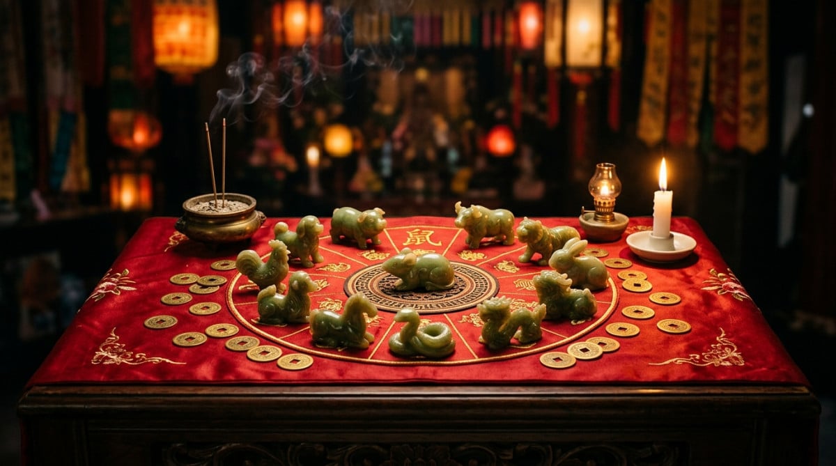 Homme souriant recevant une lumière dorée dans un jardin mystique aux lanternes chinoises pour l'horoscope chinois