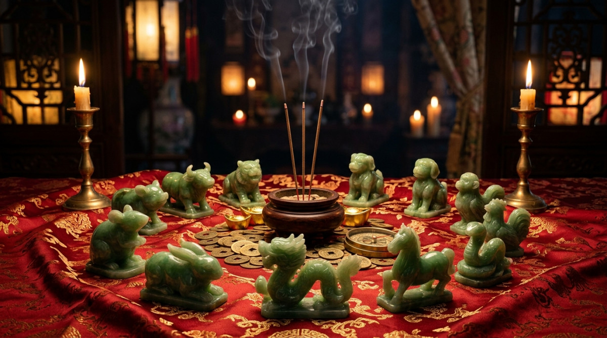Homme souriant sous des lanternes chinoises dorées et rouges dans une ambiance mystique et chaleureuse