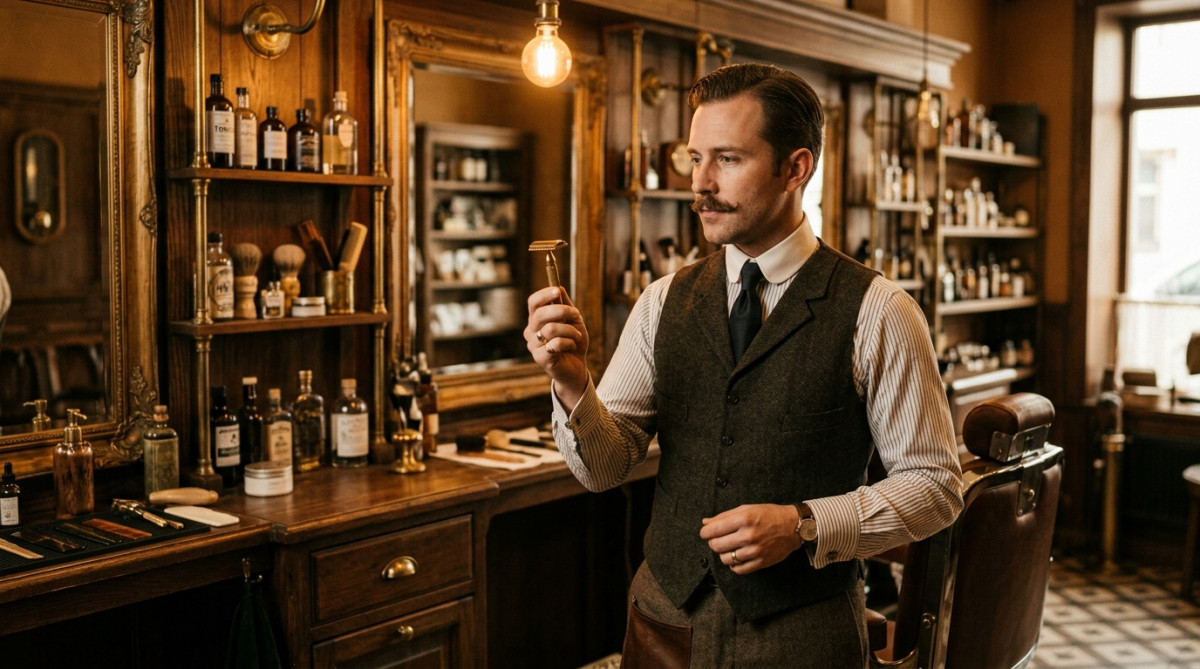 Homme style début 1900 tenant un rasoir dans un barbershop vintage