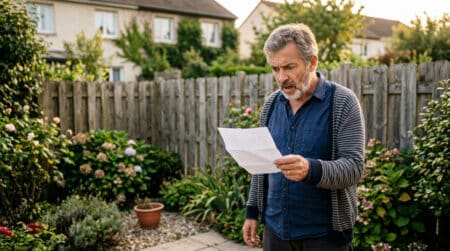 Homme surpris lisant un courrier dans son jardin près d'une clôture