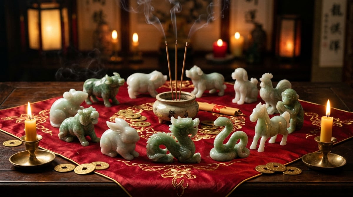Homme tenant un orbe lumineux entouré de symboles chinois dans une ambiance chaleureuse et mystique