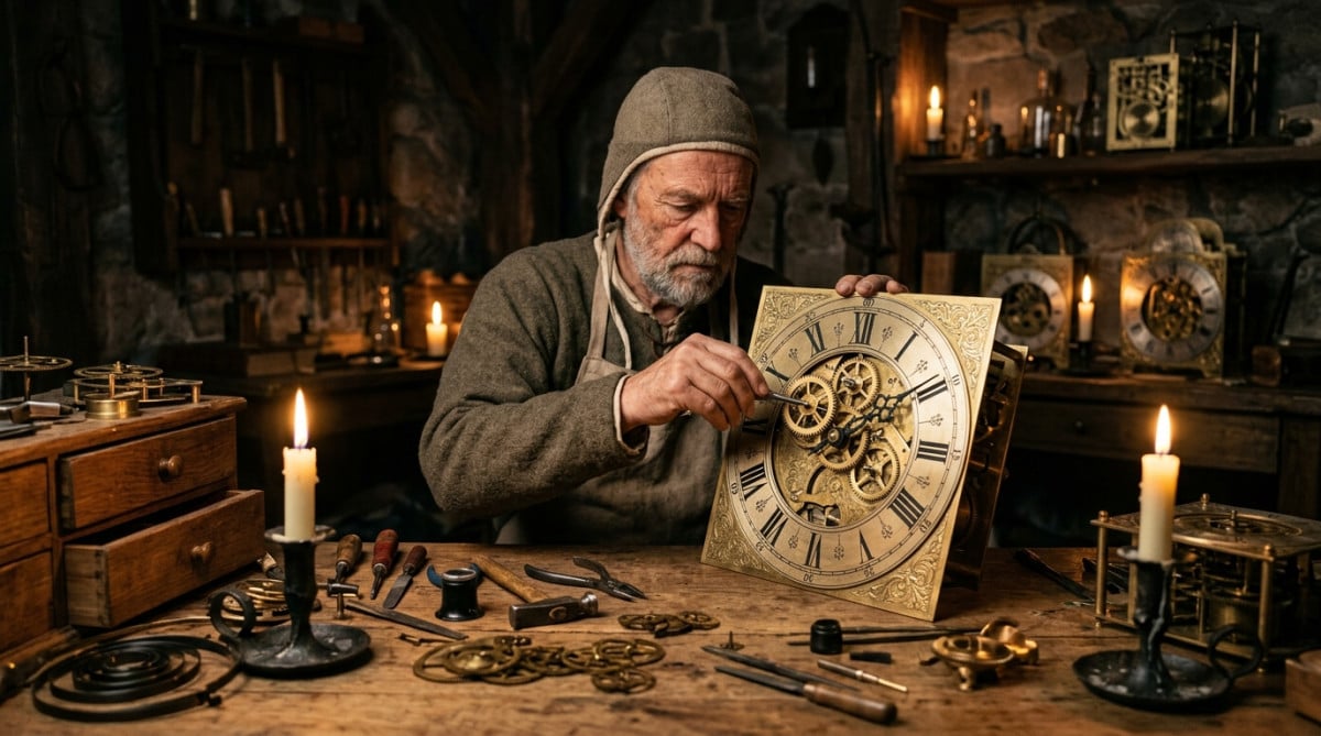 Horloger médiéval assemblant un cadran d'horloge en laiton