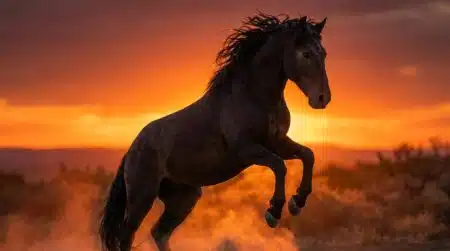 Cheval cabré devant un ciel de coucher de soleil flamboyant