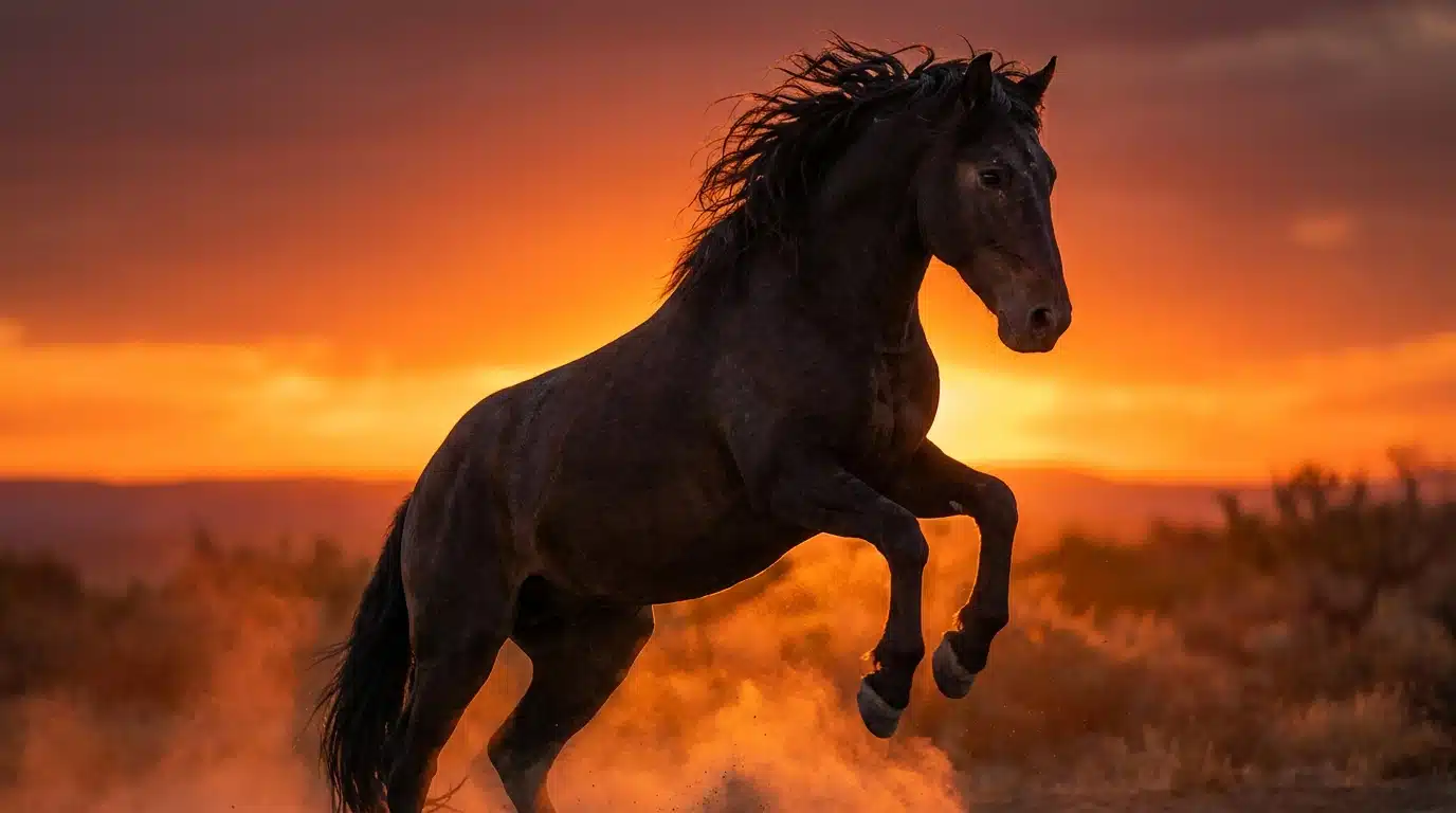 Cheval cabré devant un ciel de coucher de soleil flamboyant