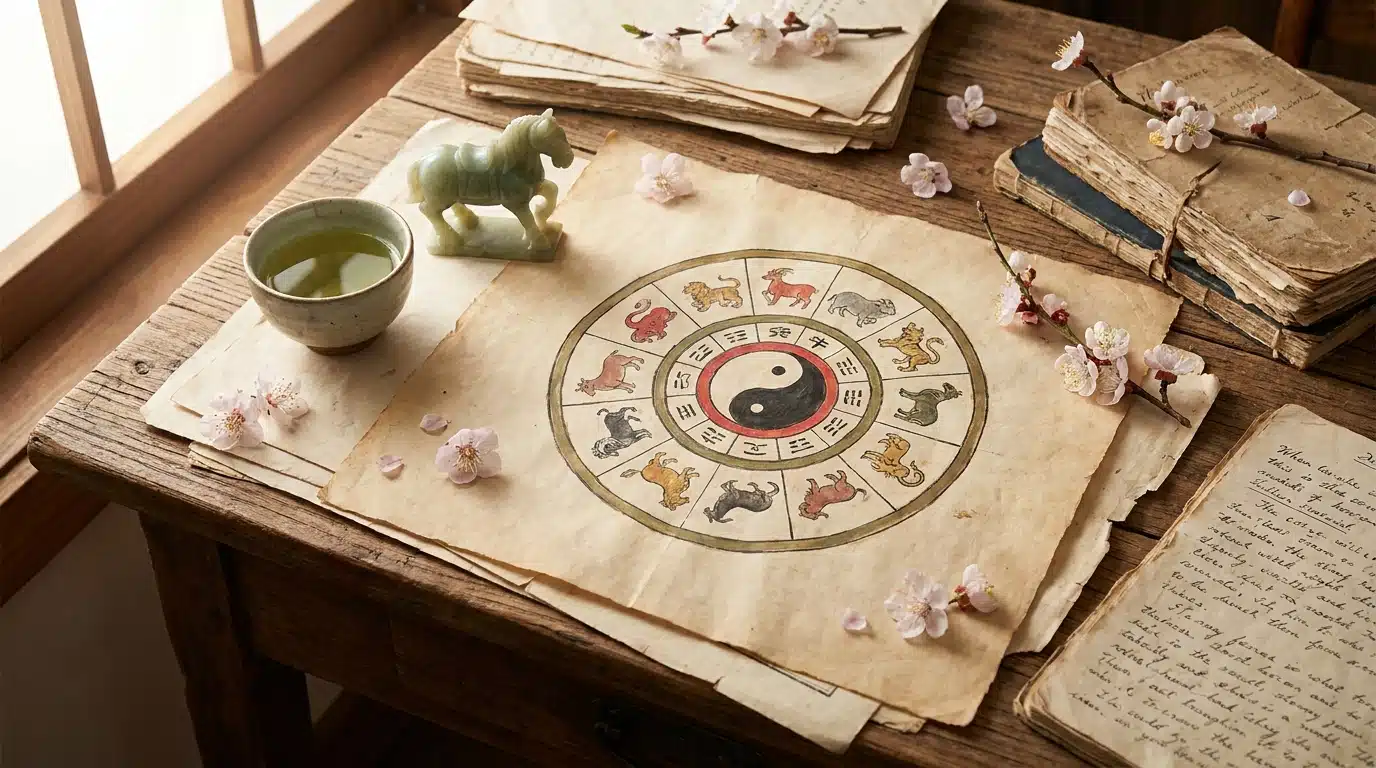 Roue du zodiaque chinois sur papier ancien avec figurine de jade