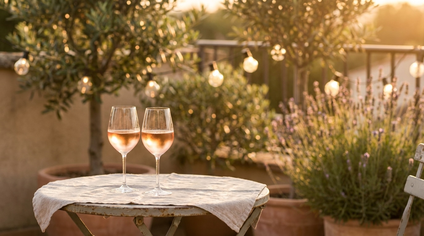 Terrasse estivale avec deux verres de rosé au coucher du soleil