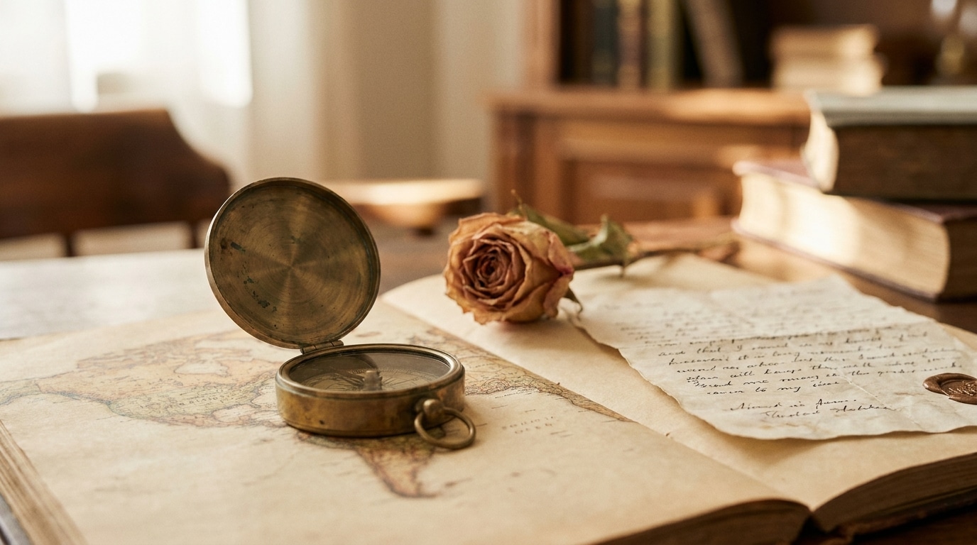 Boussole vintage posée sur une carte avec une lettre manuscrite
