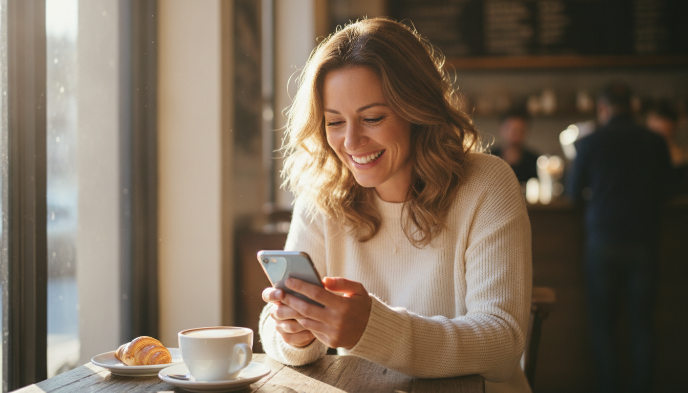 Personne souriante lisant un message sur son téléphone