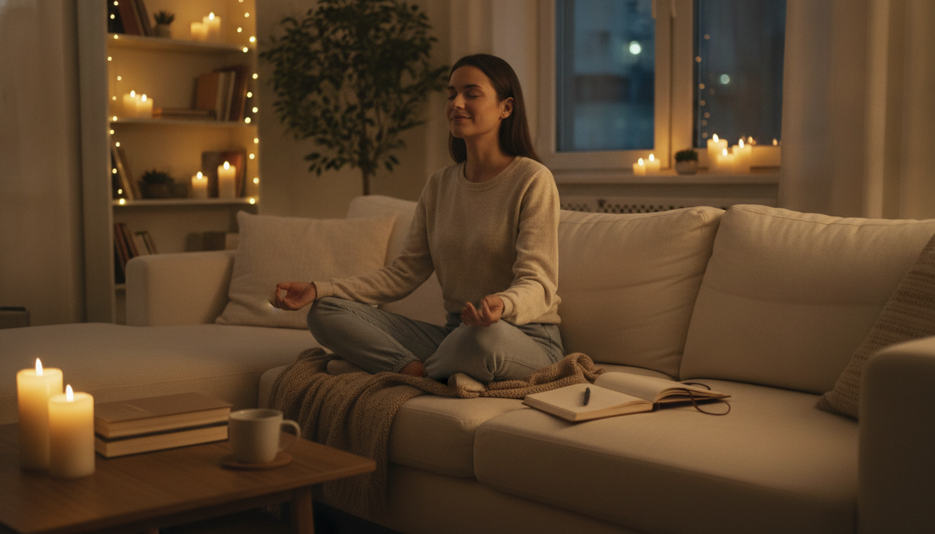 Personne méditant dans une ambiance chaleureuse aux bougies