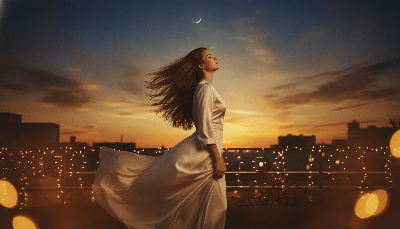 Femme contemplant le ciel crépusculaire avant la Nouvelle Lune