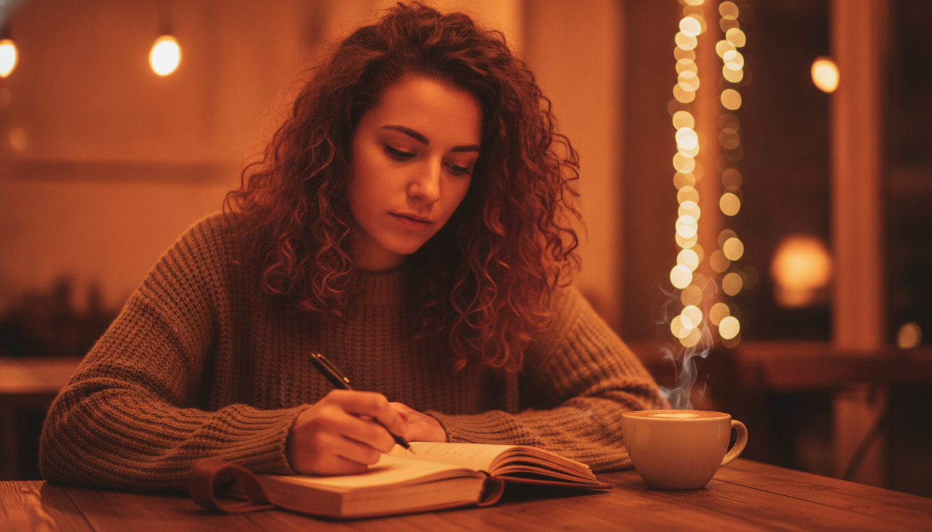Femme écrivant dans un journal dans une ambiance chaleureuse