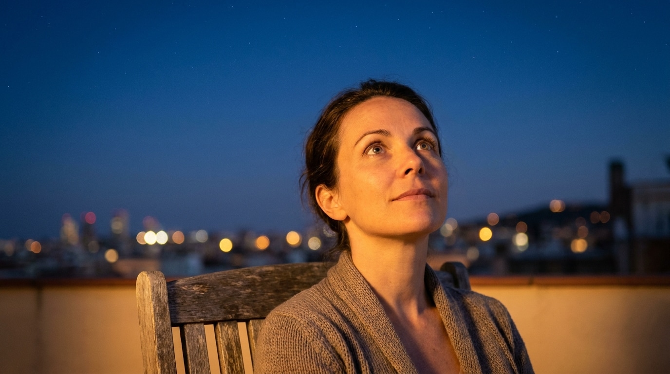 Femme contemplant un ciel étoilé depuis une terrasse estivale