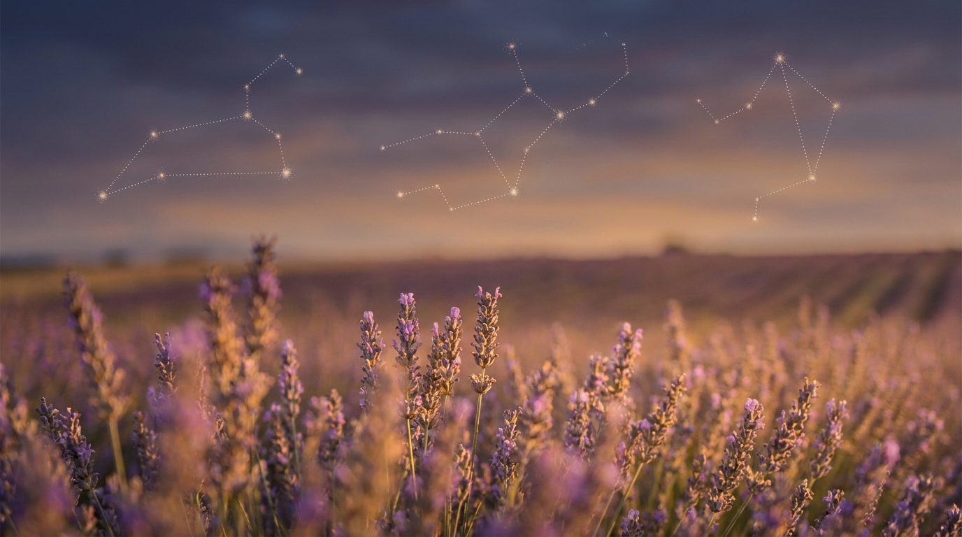 Constellations dans un ciel crépusculaire au-dessus d'un champ de lavande