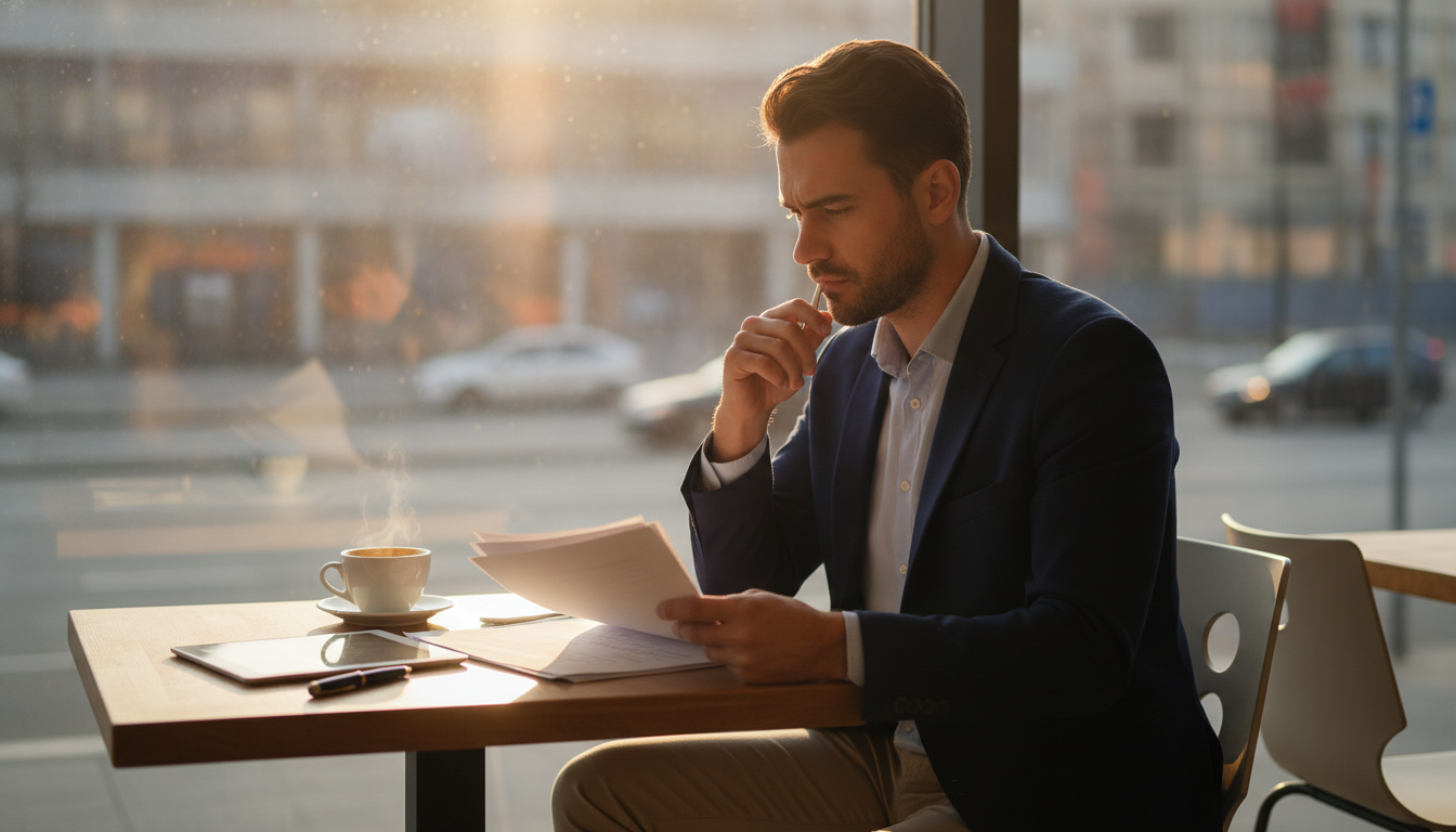 Personne analysant des documents professionnels dans un café ensoleillé