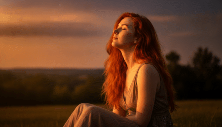 Femme les yeux fermés sous un coucher de soleil estival