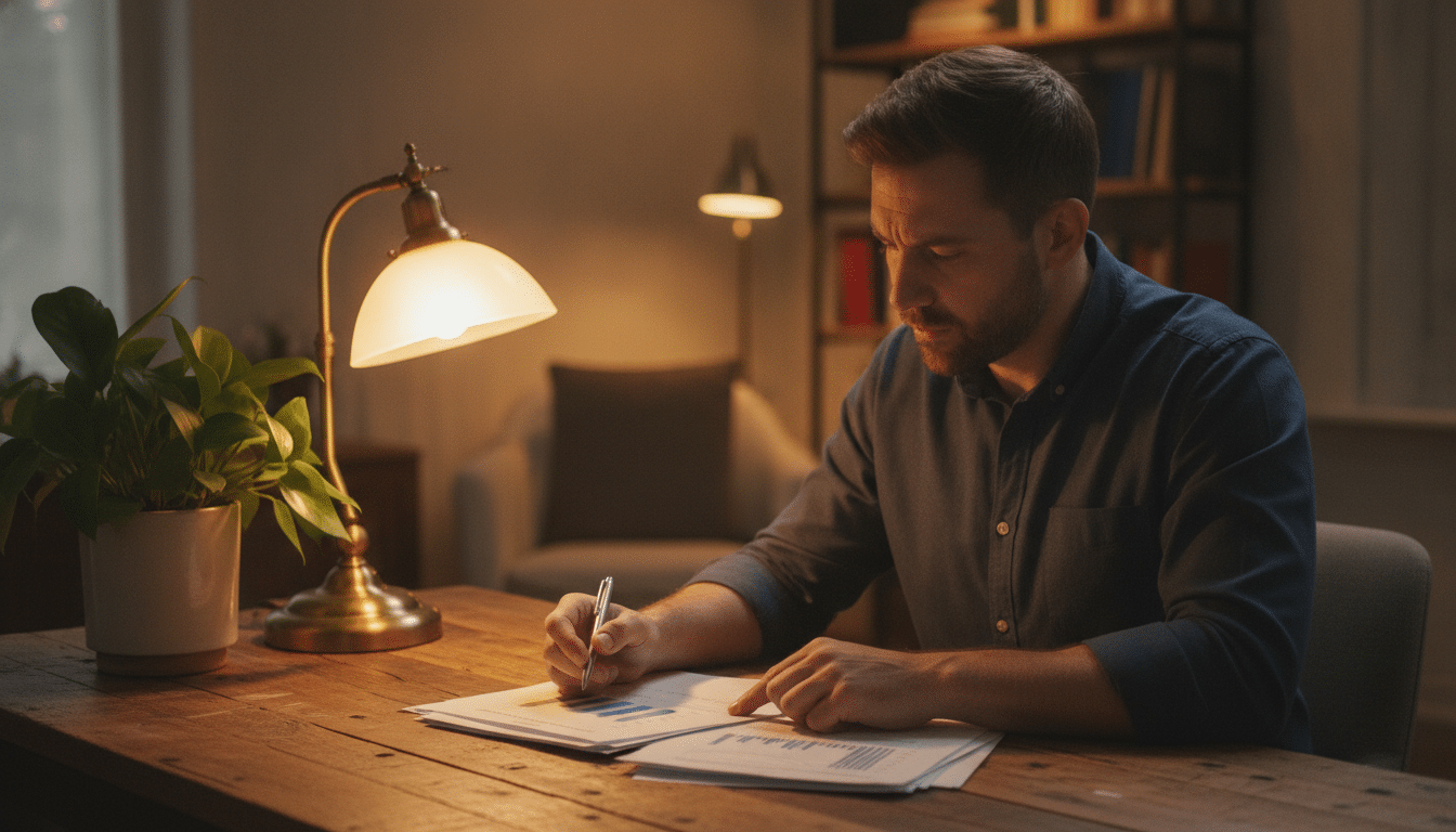 Homme concentré sur ses finances à son bureau