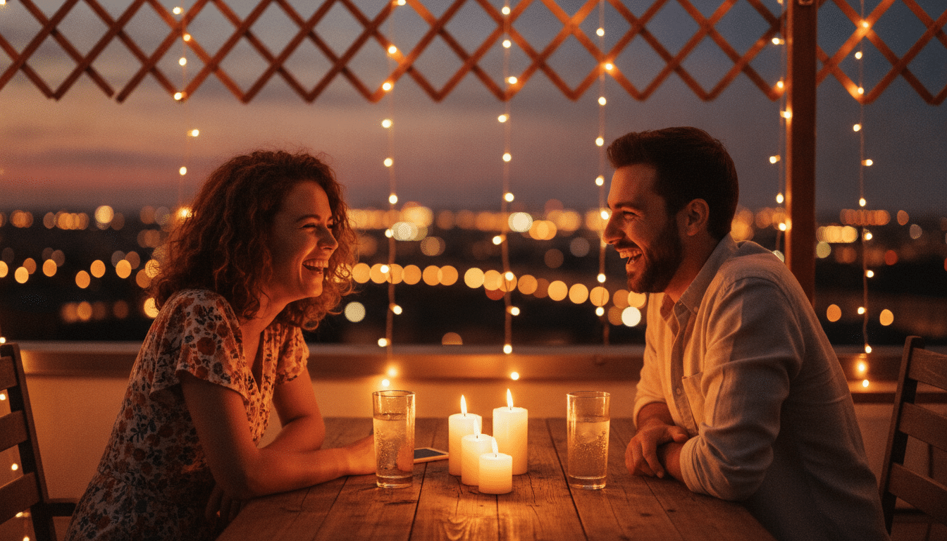Amis riant ensemble sur une terrasse illuminée en été