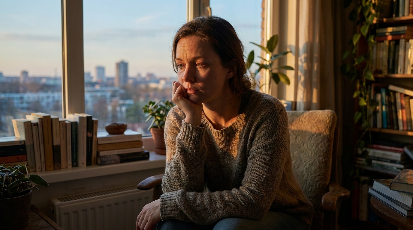 Femme pensive assise seule devant une fenêtre au crépuscule