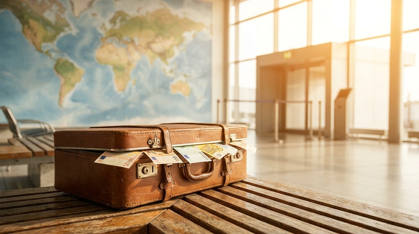 Valise en cuir entrouverte avec des billets en euros
