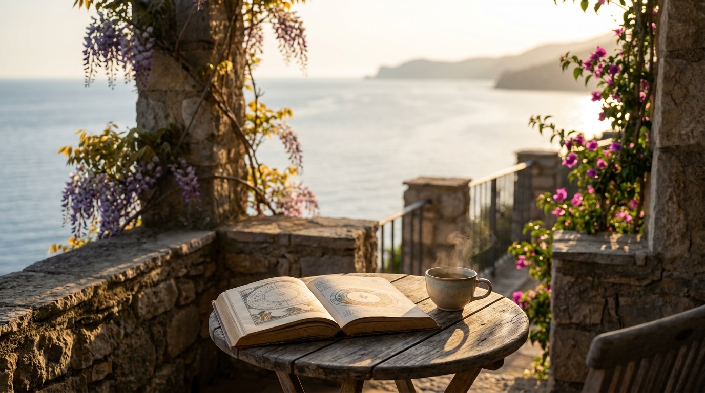 Terrasse méditerranéenne avec livre d'astrologie et tasse de thé