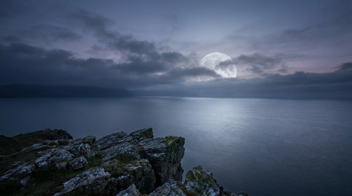 Pleine lune se levant au-dessus de l'océan la nuit