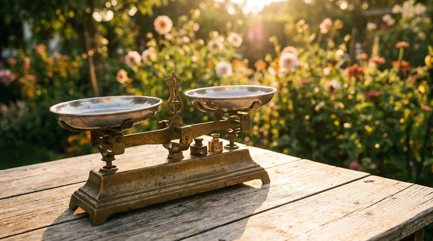 Balance en laiton posée sur une table en bois dans un jardin