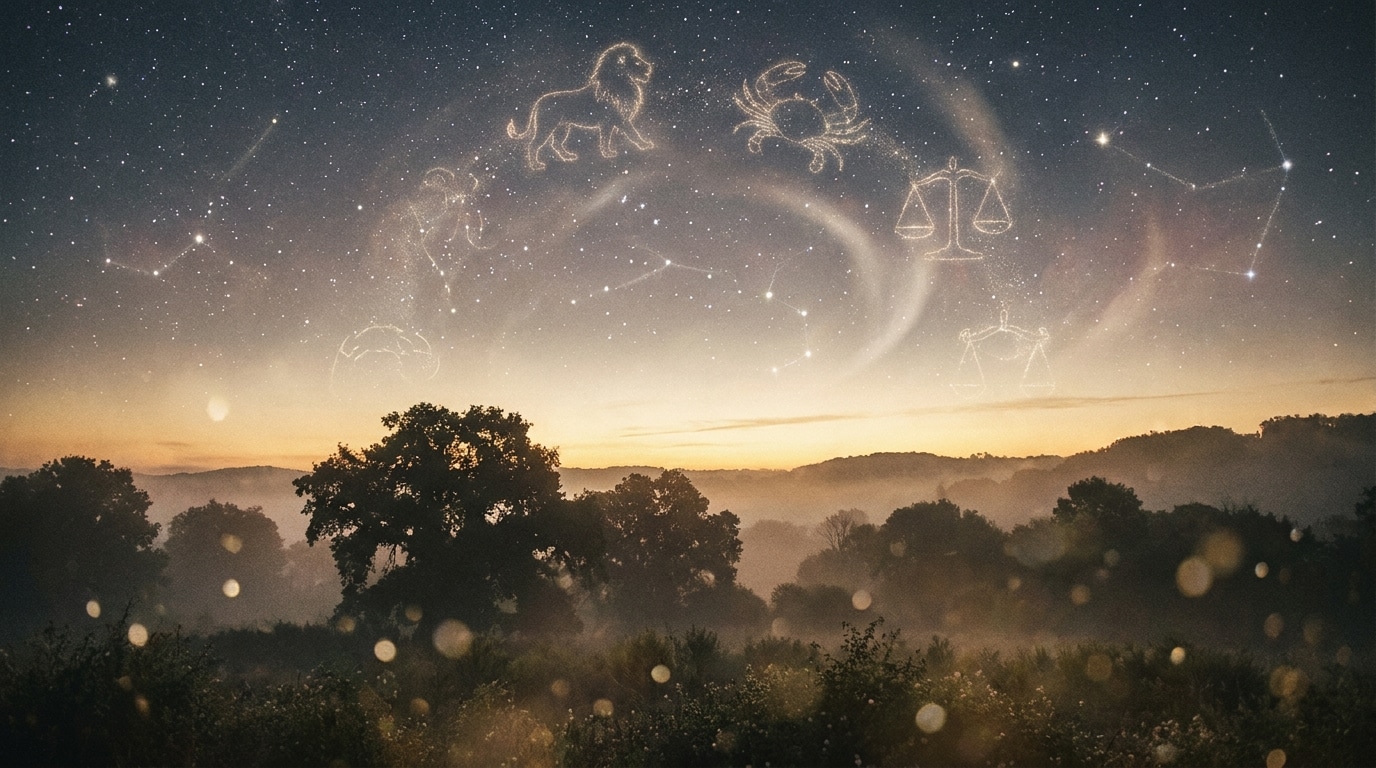 Ciel étoilé avec constellations et lueur dorée à l'horizon