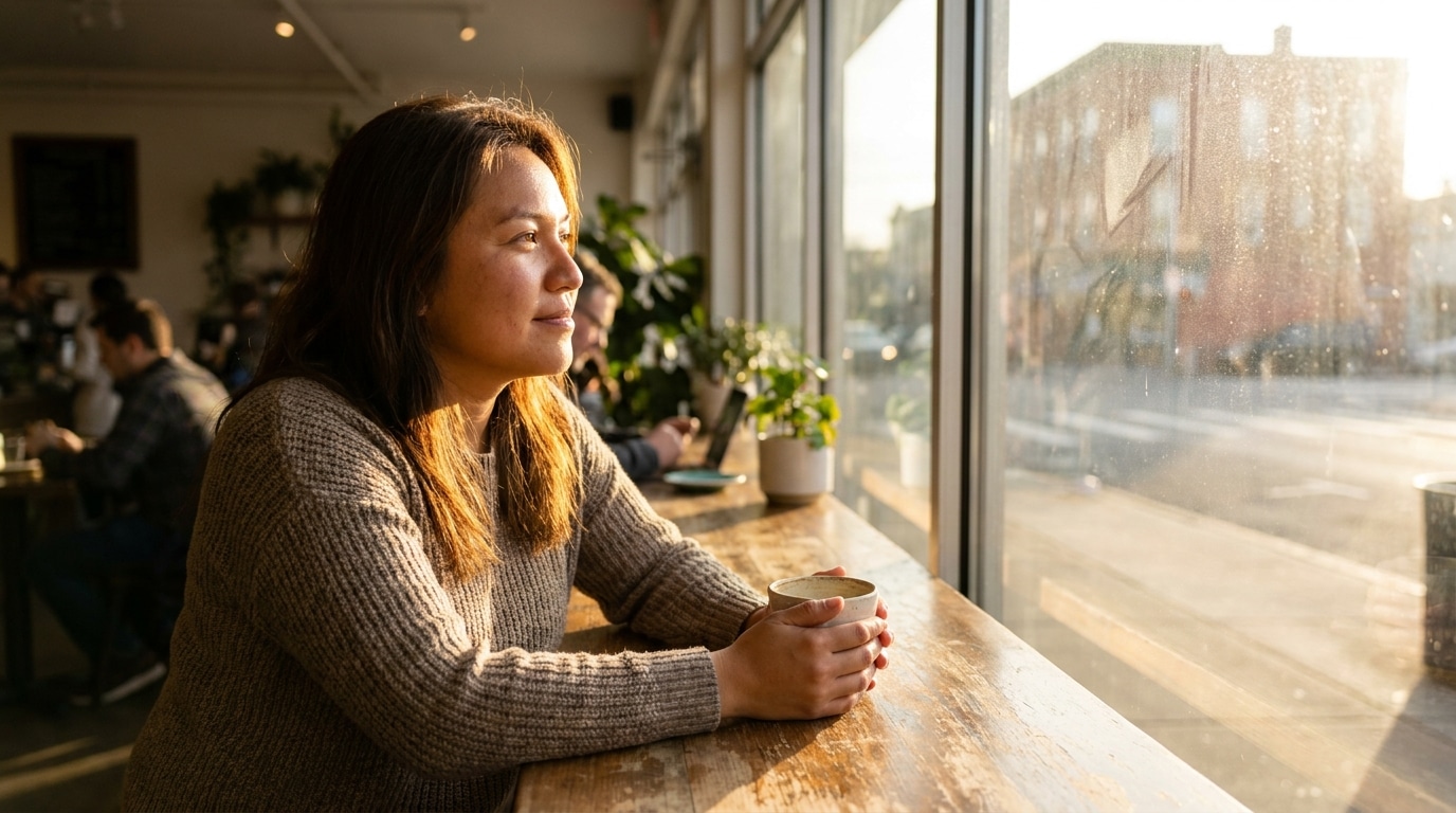 Personne pensive devant un café au lever du soleil