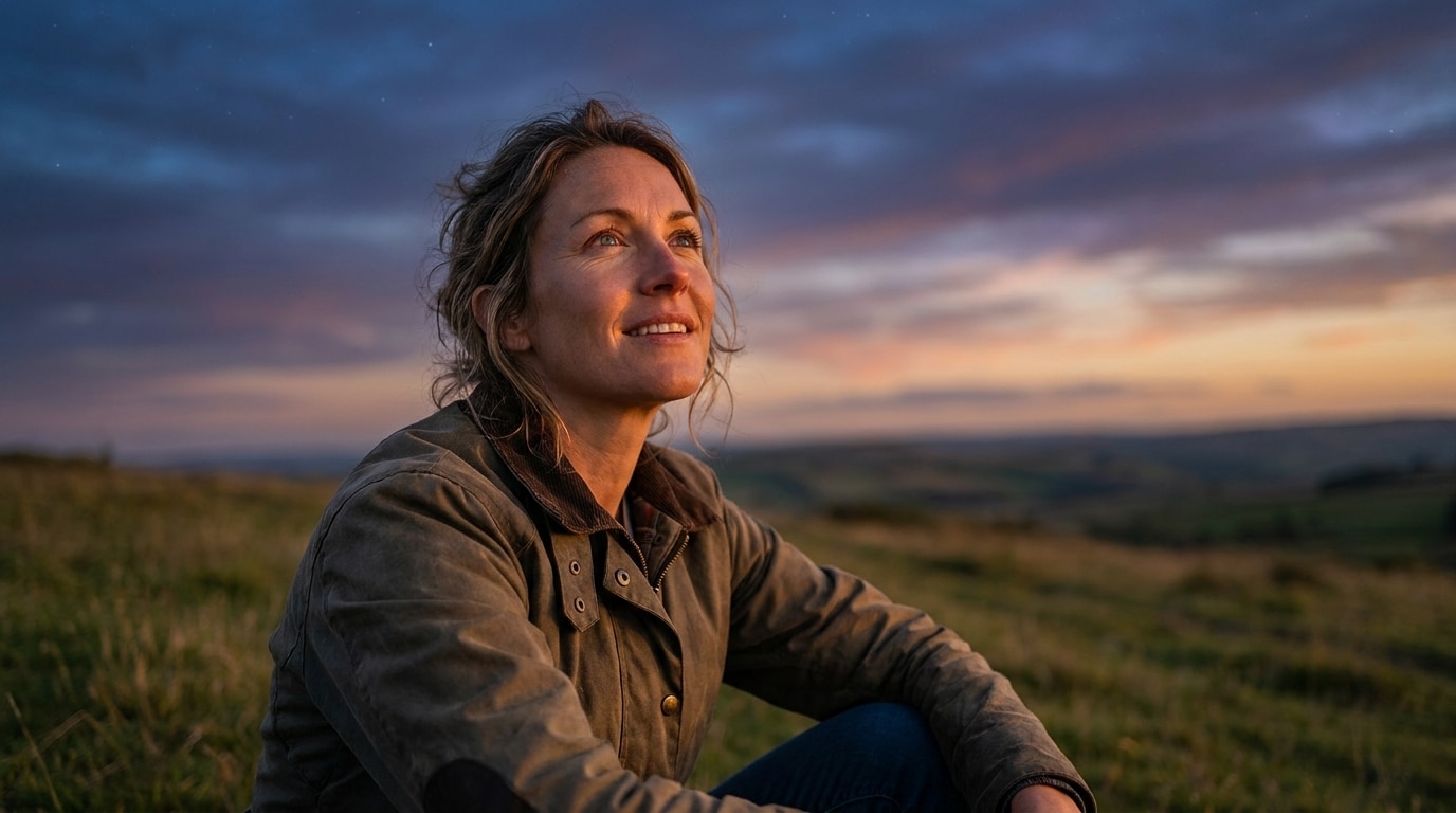 Femme contemplant un ciel étoilé au crépuscule