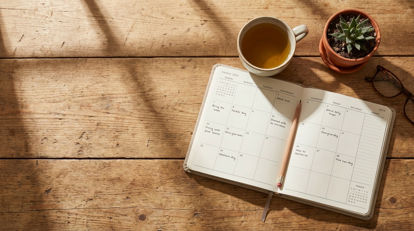 Bureau avec agenda ouvert et tasse de thé au soleil