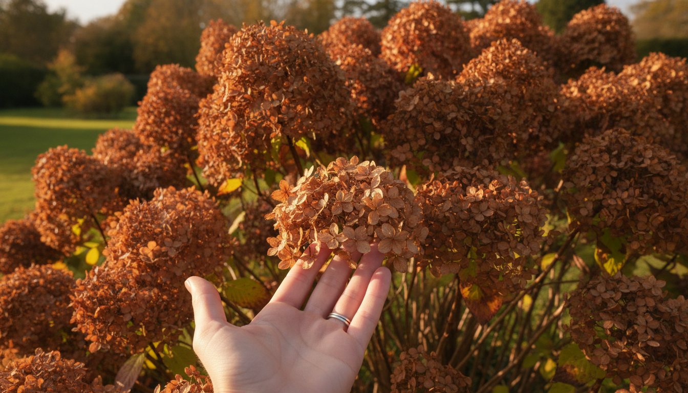 Hortensia avec fleurs fanées dans un jardin