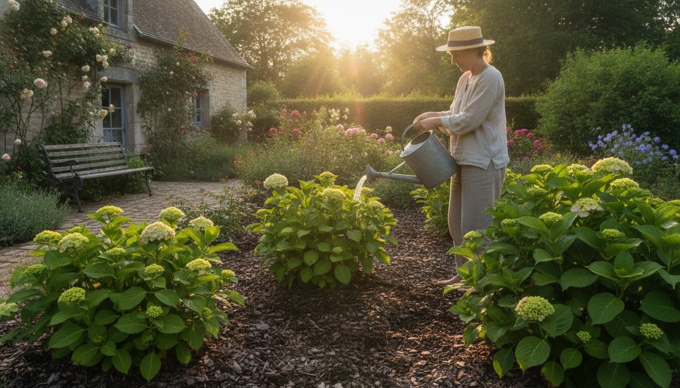 Arrosage et paillage au pied d'hortensias en été