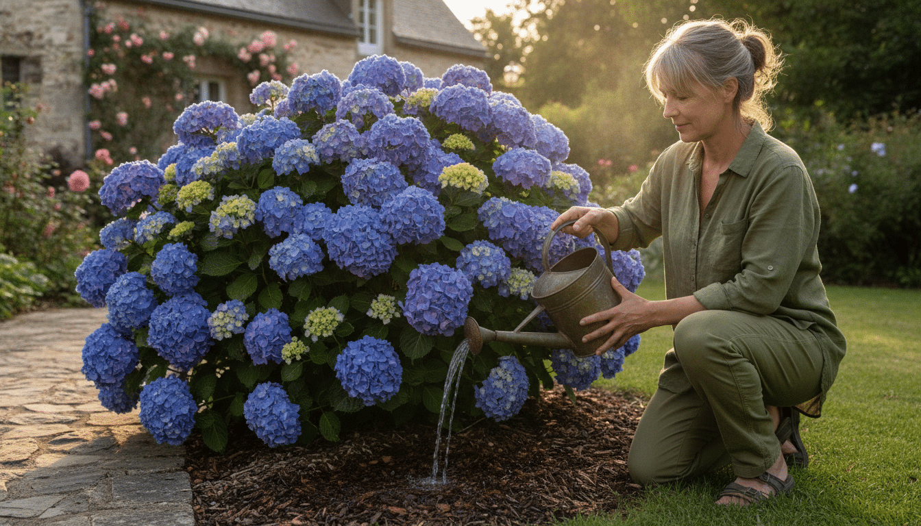 Femme arrosant un hortensia bleu au pied dans son jardin