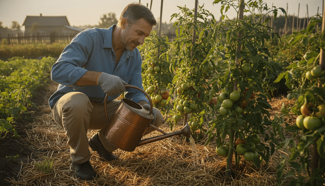Jardinier arrosant des tomates au pied avec un arrosoir